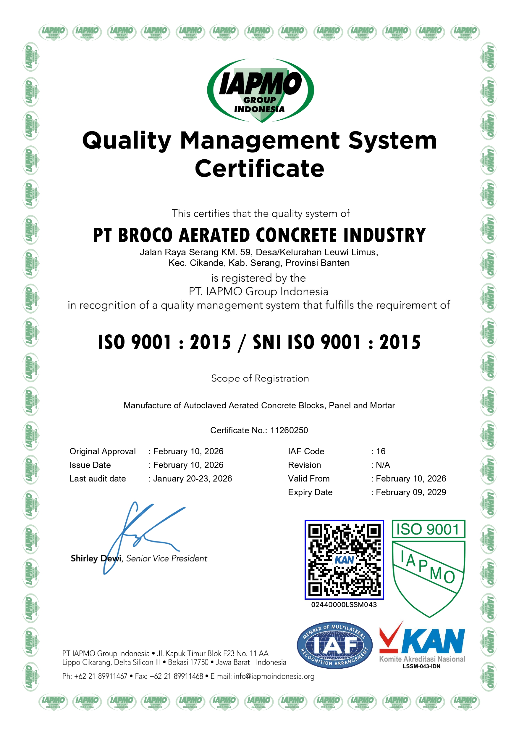 Broco Mortar certificate