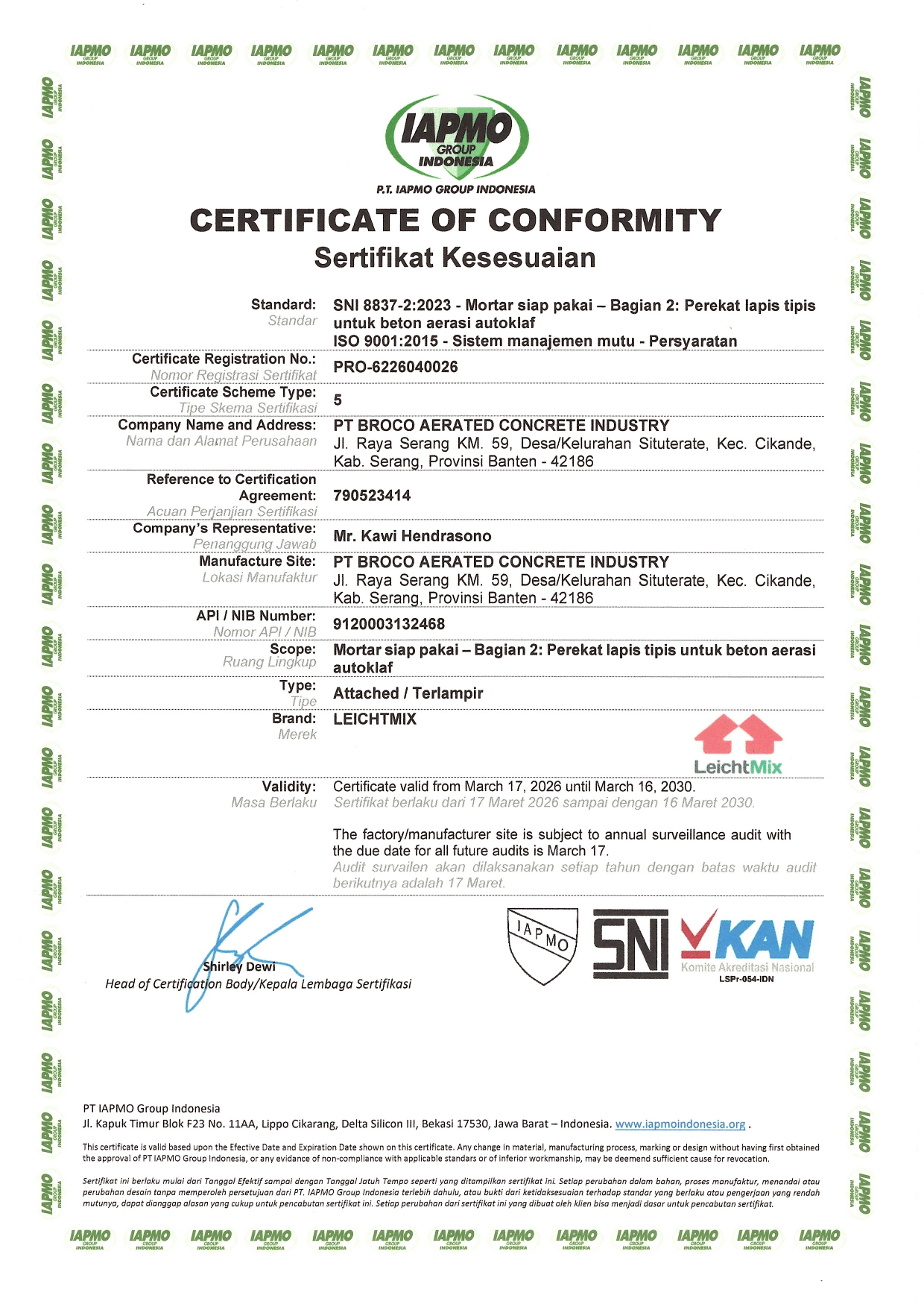 Broco Mortar certificate