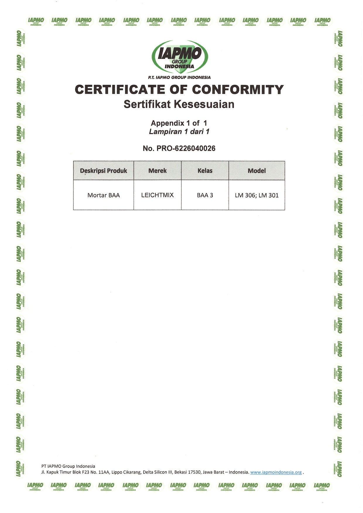 Broco Mortar certificate